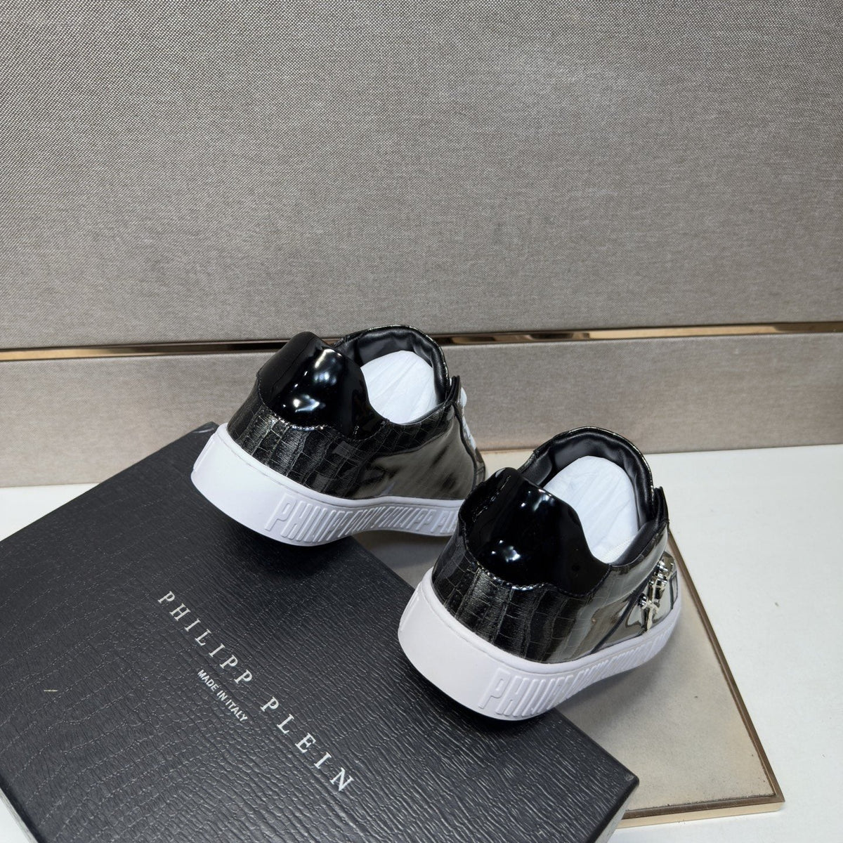 Philipp Plein Black and Gray Plaid Low-Top Sneakers — back