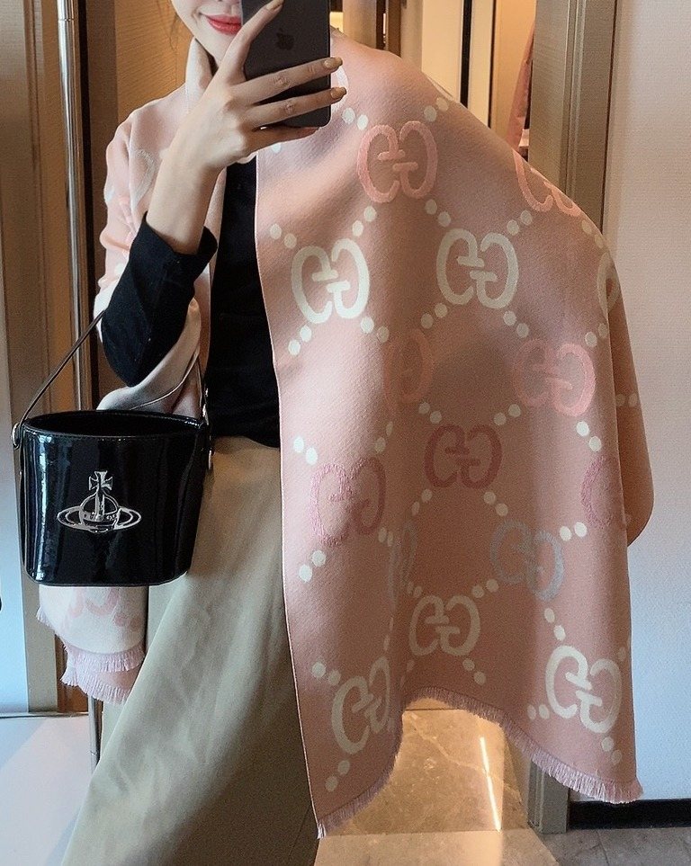 Pink-Beige Fringed Geometric Motif Scarf — front